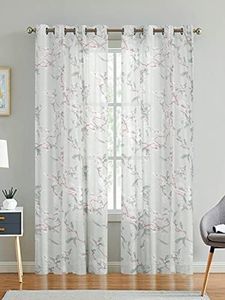 LINENWALAS Decorative Printed Cotton Sheer Curtains 5 Feet Long Set of 2 Panel, Grommet Hanging, Floral Printed Window Curtains for Home Decor (L-5 x W-4.5 Feet, Multicolor)