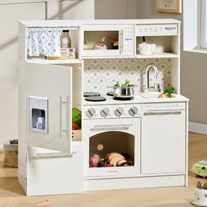 Tiny Land Wooden Play Kitchen Set for Kids, Realistic Pretend Toy with Oven, Microwave, Refrigerator, Dishwasher & Coffee Maker, Toddler Kitchen Toy with Floral Design for Boys & Girls