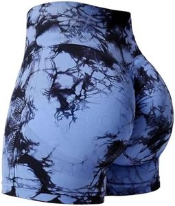 YEOREO Professional Women Workout Shorts 3.6" Scrunch Shorts Seamless High Waisted Contour Gym Yoga Biker Shorts, Dark Blue Tie Dye, Large