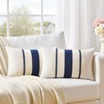 Fancy Homi Set of 2 Navy Blue Lumbar Decorative Throw Pillow Covers 12x20 Inch for Couch Bed Sofa Living Room, Aesthetic Modern Organic Farmhouse Home Decor, Soft Cotton Woven Textured Cushion Case