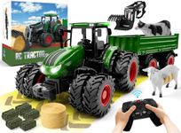 WELIN Remote Control Tractor and Trailer Toys - Rechargeable RC Tractor Playset with Metal Car Head/Lights/8 Wheels, Green Farm Truck Vehicles Toy Set, Birthday Gifts for Kids Boys Ages 3+