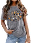 Halloween T Shirt for Women Pumpkin Leopard Print Tops Shirts Short Sleeve Casual Loose Tee LightGray