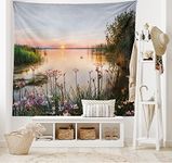 ABAKUHAUS Nature Tapestry, Sunset at Chudskoy Lake Estonia View Spring Flowers Landscape Photo, Fabric Wall Hanging Decor for Bedroom Living Room Dorm, 90 W X 54 L, Green Pale Pink Baby Blue