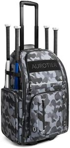 Rolling Baseball Bag with Wheels, Large All-Terrain Wheeled Softball Bag Holds 4 Bats, Water-Resistant Baseball Roller Backpack with Shoe Compartment and Fence Hooks for Players Coaches, Black Camo