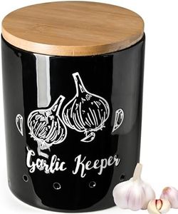 LYEOBOH Garlic Keeper, Garlic Storage, Garlic Holder, Ceramic Garlic Container with Wood Lid, Farmhouse Garlic Keeper for Counter, Garlic Saver for Kitchen, Black