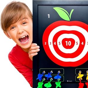 Large & Safe Magnetic Dart Board (Wooden Frame) for Kids & Adults - Fun Game for Up to 4 Players - Including 12 Colorful Darts + Dry Erase Score Board (2 Markers+Eraser) | Sturdy & Durable | Red Apple