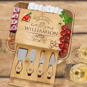 The Wedding Party Store Personalized Premium Charcuterie Cheese Board Tray Set with Spreader Utensil Tools with Any Name (Bamboo - Couples Style)