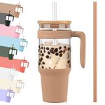 Tronco 42oz Glass Tumbler with Handle, Reusable Glass Tumbler with Straw and Bamboo Lid, Glass Water Bottles Fit in Cup Holder, Iced Coffee Cup Smoothie Cup (Amber)