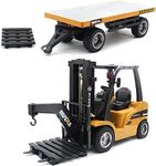 YIKESHU RC Forklift 1/10 HUINA Remote Control Forklift with Truck Carrier Slab Heavy Metal, 2.4Ghz 10 Channel Full Functional Construction Forklift with Lights Sound 2 Pallets 2 Batteries