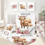 KAINSY Personalized Baby Bedding Set, 5 Pcs Custom Baby Crib Set with Name, Soft Flannel Highland Cow Crib Bedding Set for Girls, Double Layer Nursery Bedding Set, New Parents Toddlers Infants Gift