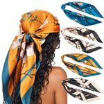 DRESHOW 35” Large Square Satin Head Scarf - 4Pcs Silk Accessories Classic Patterned Squares Beach Bandanas for Women