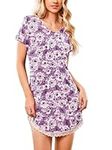 Ekouaer Women's Nightdress Short Sleeve Nighties Lace Nightwear Summer V Neck Print Sleepshirt Purple Flowers L