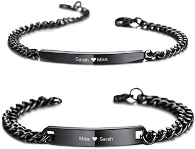 MunkiMix - Juego de 2 Pulseras de Pareja Personalizadas con Nombre Grabado Personalizado para Hombres, Mujeres, Novio, Novia, Barra de Acero Inoxidable, Enlace de acera Ajustable, relación Amorosa