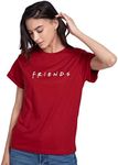 Bewakoof Official Friends Merchandise Women's Typography Boyfriend Fit Half Sleeve Round Neck Cotton T-Shirt, Red-238060, L