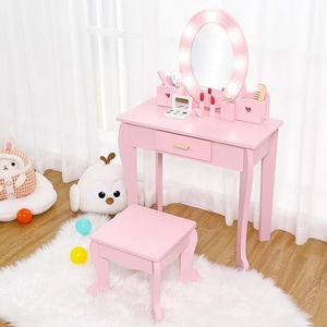 Garvee Kids Vanity Set, Pretend Play Girls Vanity Table and Chair Set with Lighted Mirror, Stool, and Wood Makeup Playset, Pink