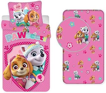 Parure de Lit Pat' Patrouille Rose 3 Pièces Coton - Housse de Couette 140x200 cm + Taie d'oreiller 65x65 cm + Drap-Housse 90x200 cm