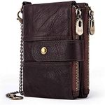 Boshiho Real Leather RFID Blocking Bifold Wallets for Men Double Zipper Coin Pocket Purse with Anti-Theft Chain (Coffee)