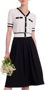 GOELIA 2025 Summer Sets Two Piece Skirts Outfits Set for Women Classic Business Casual Short Sleeve V Neck Knit Tweed Cardigan Tops and Maxi Black Skirt Tweed Skirt Set Vacation Matching Hoco Teacher