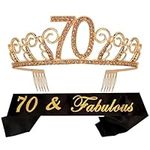 70th Birthday Gold Tiara and Sash, Fabulous Black Glitter Satin Sash & Crystal Tiara Crown for Party Supplies and Decoration