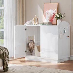 DWVO Large Hidden Litter Box Furniture with Hooks, Modern Cat Litters Box Enclosure for M/L/XL Litter Boxes, Wooden Secret Cat Cabinet, High-Gloss White