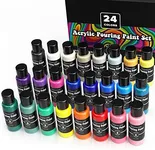 Paint Pouring Acrylic Paint Kit Ready to Pour Art and Liquid High Flow Painting Supplies Bulk 24 Color Craft Set with Metallics Fluid Acrylic Medium 2 FL Oz Bottles