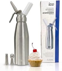 ICO Professional Aluminum Whipped Cream Dispenser for Homemade Whipping Cream, Whipped Cream Maker for Desserts, Dips, Sauces, and Infused Liquors, Silver, 1-Quart