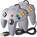 2 Pack Classic N64 Controller, kiwitatá Retro N64 Remote Wired USB PC Gamepad Joystick Controller for Window XP 7 8 11 Mac Raspberry Pi Gray