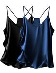 Ekouaer Womens Satin Cami Tops V Neck Silk Camisole Tank Top Spaghetti Strap Racerback Camis Blouse Shirt Navy Blue + Black XX-Large