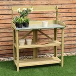 FEFE® 3 Tier Wooden Potting Planting Outdoor Garden Work Bench Table Station Storage Shelf Tray Wood Garden Planting Work Station Bench with Hooks and Shelves for Patios/Courtyards,