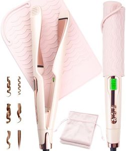 ANGENIL Pro Twist Flat Iron 1 Inch, Round Pink Dual Voltage Hair Straightener and Curler 2 in 1, Tourmaline Ceramic Ionic Hair Curler with Anti-Scalding Silicone Mat Pad, 30s Fast Heating, LCD Display