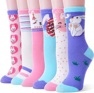 EBMORE Girls Cotton Socks Cute Unicorn Pattern Soft Novelty Youth Socks For Girls Kid Child 6 Pack Easter Basket Stuffers (Easter Bunny Pink(6 Pairs), 9-15 Years)