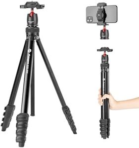 Fotopro 64” Camera Tripod, 2-in-1 Compact Phone Tripod with Hidden Cold Shoe Phone Clip, Portable Travel Tripod with Fluid Video Head, 1.5lbs Lightweight Aluminum Tripods Max Load 6.6lbs