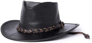 Minnetonka Fold-Up Outback Hat -Leather Brim Hat Made with Genuine Leather, Adjustable Chin Strap, and Fold-Up Design - Perfect for Any Outdoor Activity, Black, Medium