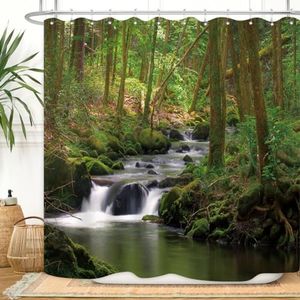 ZXMBF Nature Shower Curtain Flowing Stream Metal Hooks 12PCS Forest Waterfall Natural Landscape Green Trees Jungle Mossy Rocks Themed Scenery Waterproof Fabric Bathroom Decor 72x72 Inch