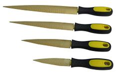 Golden Wood Rasp 4Piece Set, Fine Cut, 4"-6"-8"-10", Tapered Rasp for Wood, Leather, Soft Metals, Soft Plastic, Big Comfort Massage Handle Grip, Quality High Carbon Steel Rasp File 4-Pack