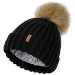 FURTALK Kids Winter Hats Baby Girl Boy Toddler Cotton Lined Beanie Hat Bobble Hat Removable Pom Pom Hats 3-24M/2T-8T Black