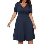 Zeiayuas Plus Size Dress for Women UK Sale Clearance V Neck Short Sleeve Midi Dress Plain Casual Summer Loose Dresses Party Beach Boho Knee Length Dress Ladies Dark Blue