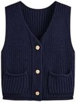 CIDER Sweater Vest Women V Neck Sleeveless Button Down Cropped Sweater Knit Solid Casual Vest with Pockets: Dark Navy, M