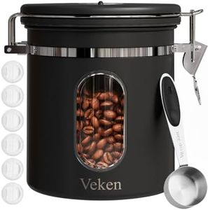 Veken Coffee Canister with Window, Airtight Stainless Steel Kitchen Food Storage Container with Lids, Date Tracker and Scoop for Grounds Coffee, Beans, Tea, Flour, Cereal, Sugar Jars, 16OZ, Black