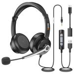 Wantek USB Headset with Microphone for PC Laptop,Teams Office Work Headset with Noise Cancelling & In-Line Control,3.5mm/USB/Type-C Plug 3-In-1 Headphones,2 M Length Wired Headset,Binaural