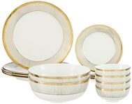 Amazon Brand - Solimo Ceramic 14 Piece Premium Dinner Set | 4 Dinner Plates, 4 Quarter Plates, 2 Large Bowls & 4 Small Bowls | Black & Golden Strip White,Floral