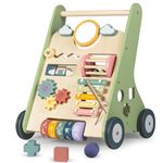 Bautia Wooden Baby Walker for 1 2 Year Old Boys Girls Push Along Toy, 10 in 1 Colorful Learning Activity Center for Toddlers 12 Month Gift with Shapes, Phrases & Mirror