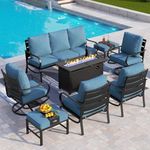 PHI VILLA 8 PCS Patio Furniture Set with Fire Pit Table,Metal Patio Furniture with 1 x 3-Seat Bench Sofa, 2 x Swivel Sofa Chairs, 2 x Leg Chair & 2 x Ottoman, Modern Patio Set, Navy Blue