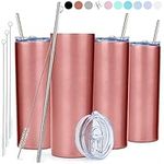 Skinny TUMBLERS (4 Pack) 20oz Stainless Steel Double Wall Insulated Tumblers with Lids and Straws | Skinny Travel Mug, Free Straw Cleaner! Reusable Cup with Straw | Vinyl DIY Gifts (Rose Gold)