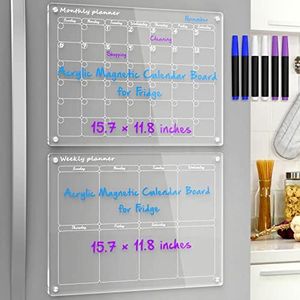 NPPLUS Acrylic Magnetic Monthly and Weekly Calendar for Fridge,2 Set Clear Dry Erase Board, Reusable Planner Whiteboard Includes 6 Markers 3 Colors