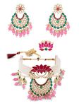 ZAVERI PEARLS Green & Pink Meenakari Lotus Multistrand Pearls Choker Necklace Earring & Ring Set For Women-ZPFK14831