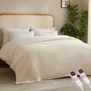 BEARKISS Electric Heated Blanket,90"x100" Heating King Flannel Cream
