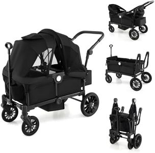 COSTWAY Stroller Wagon for 2 Kids, Push Pull Double Stroller with Adjustable Handle, Removable Canopy, Cup Holder, Food Tray, 3-Point Harness, Folding Camping Cart Trolley (Black)