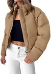 ZESICA Women's Long Sleeve Cropped Puffer Jacket Winter Zipper Quilted Baggy Warm Short Down Coat Outwear with Pockets,Khaki,Large