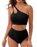 Minmaxmum Bikini for Women High Waist Bikini Bottom Two Piece Bathing Suits One Shoulder Cut Out Bikini Top Swimsuits Black XXL